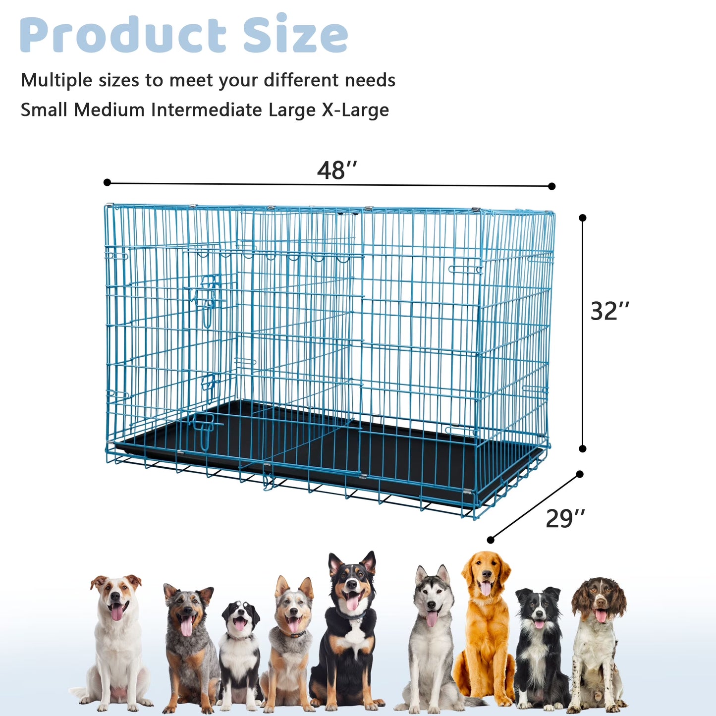 48 Inch Dog Crate, Dog Crates and Kennels Foldable Large Dog Crate for Large Dogs with Handle Double-Door Outdoor Metal Wire Dog Cage with Plastic Tray for Medium Dogs, Blue