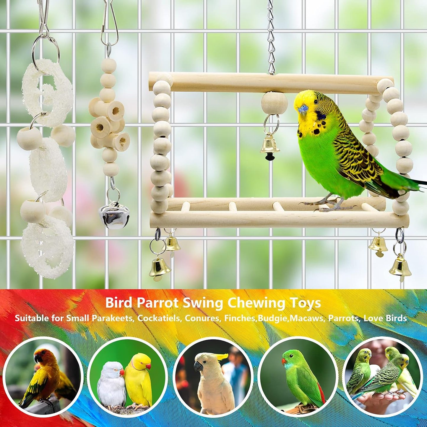 7 Packs Bird Parrot Swing Chewing Toys-Hanging Bell Bird Cage Playing Toys | Hanging Rope and Clip Design, Suitable for Small Parakeets, Cockatiels, Conures, Finches,Budgie,Macaws, Parrots, Love Birds