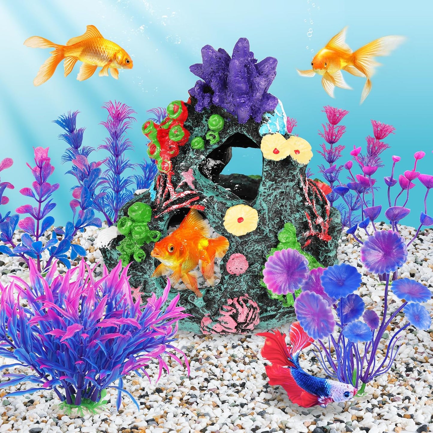 Fish Tank Decorations, 7 Pieces Aquarium Plants Set with Coral Reef Decoration Mountain Cave Ornament for Betta, Goldfish, Shrimp to Breed, Play and Rest (Purple)