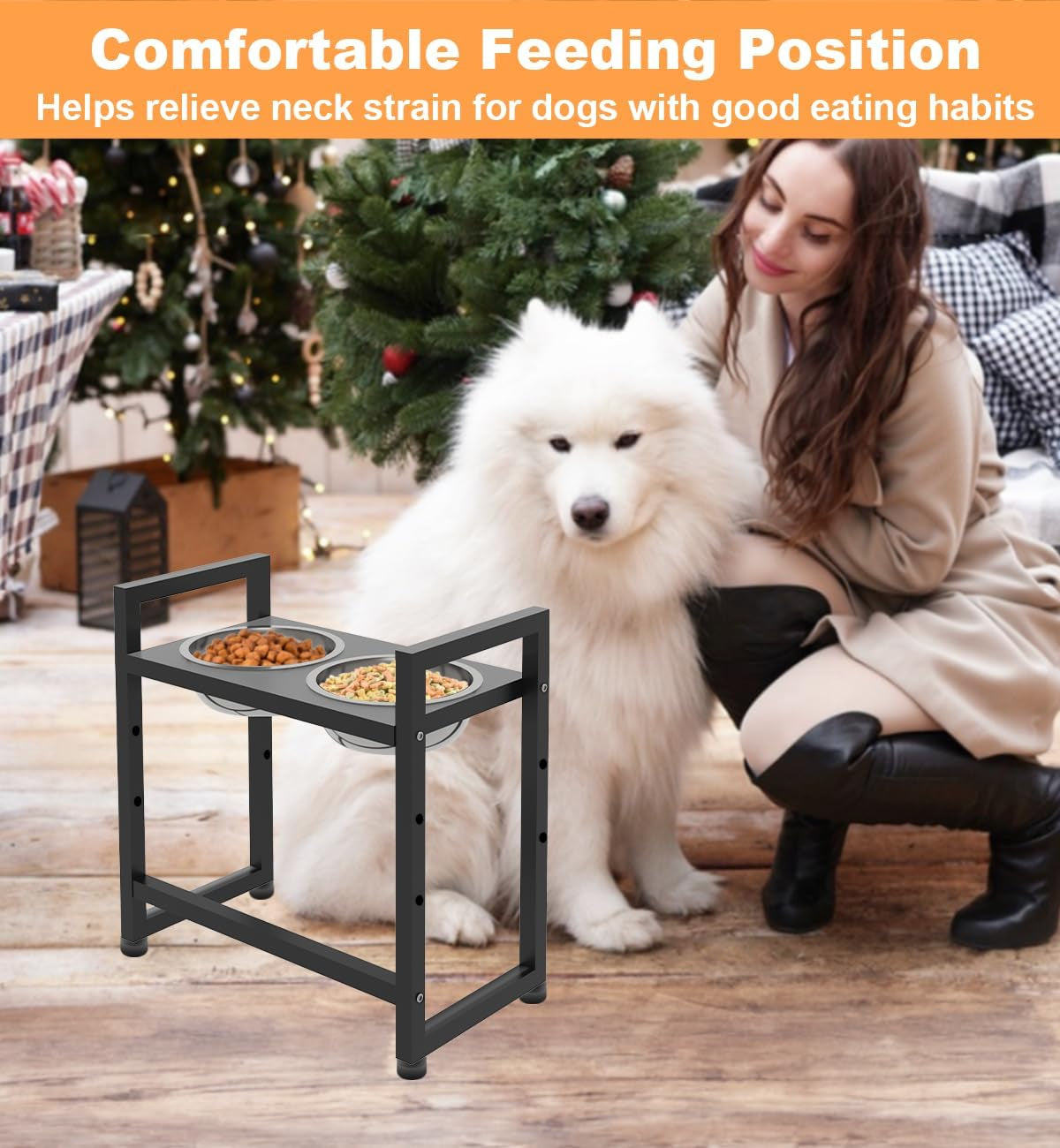 Elevated Dog Bowls Stand with 2 Stainless Steel Bowls, Black | for Large Medium Small Dogs, Adjustable Raised Dog Bowl with Non-Slip Plastic Sucker for Pet