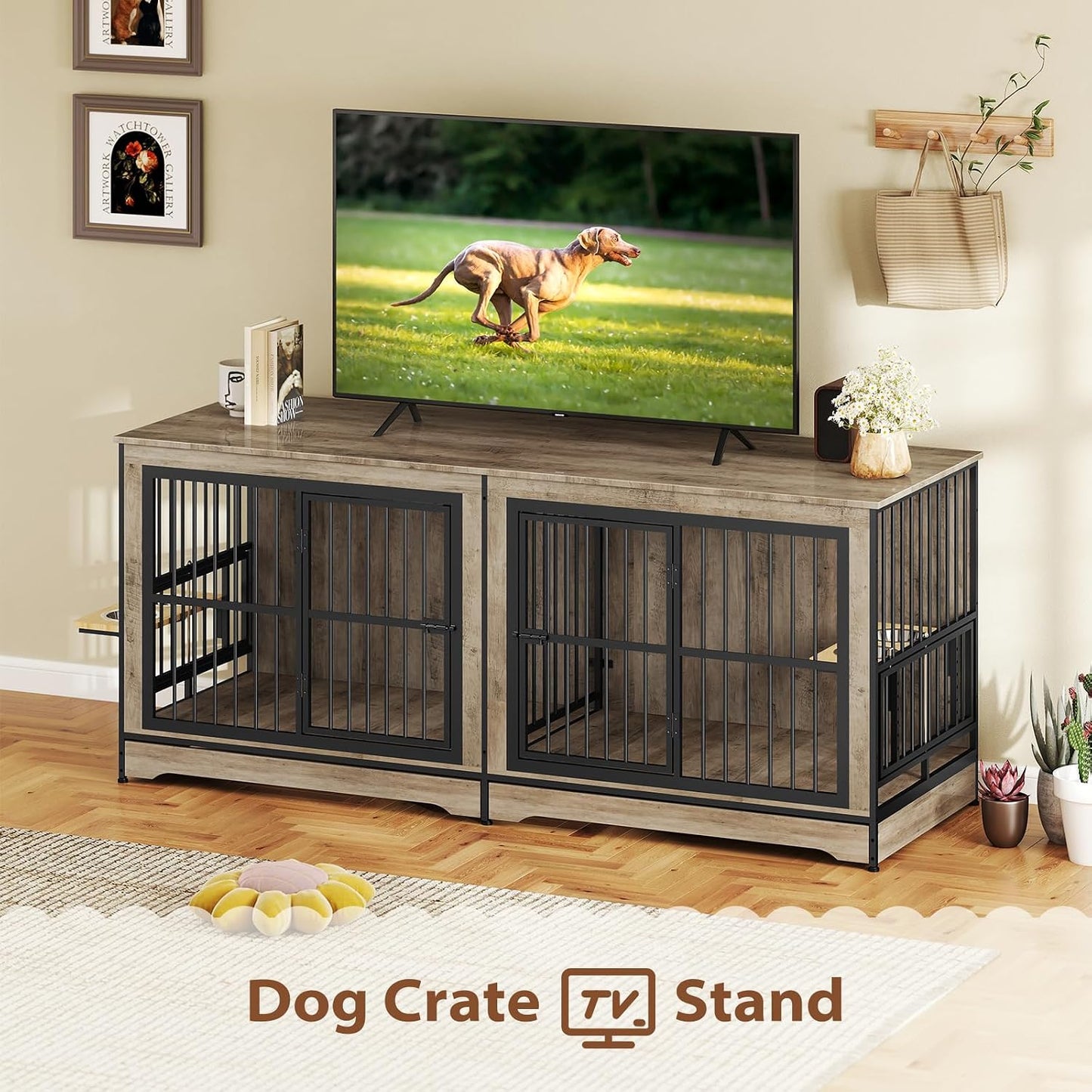 78 Double Dog Crate Furniture for 2 Large Dogs Indoor, Wooden Furniture Dog Crates with Dog Bowl, Dog Kennel Furniture TV Stand Large Breed Grey