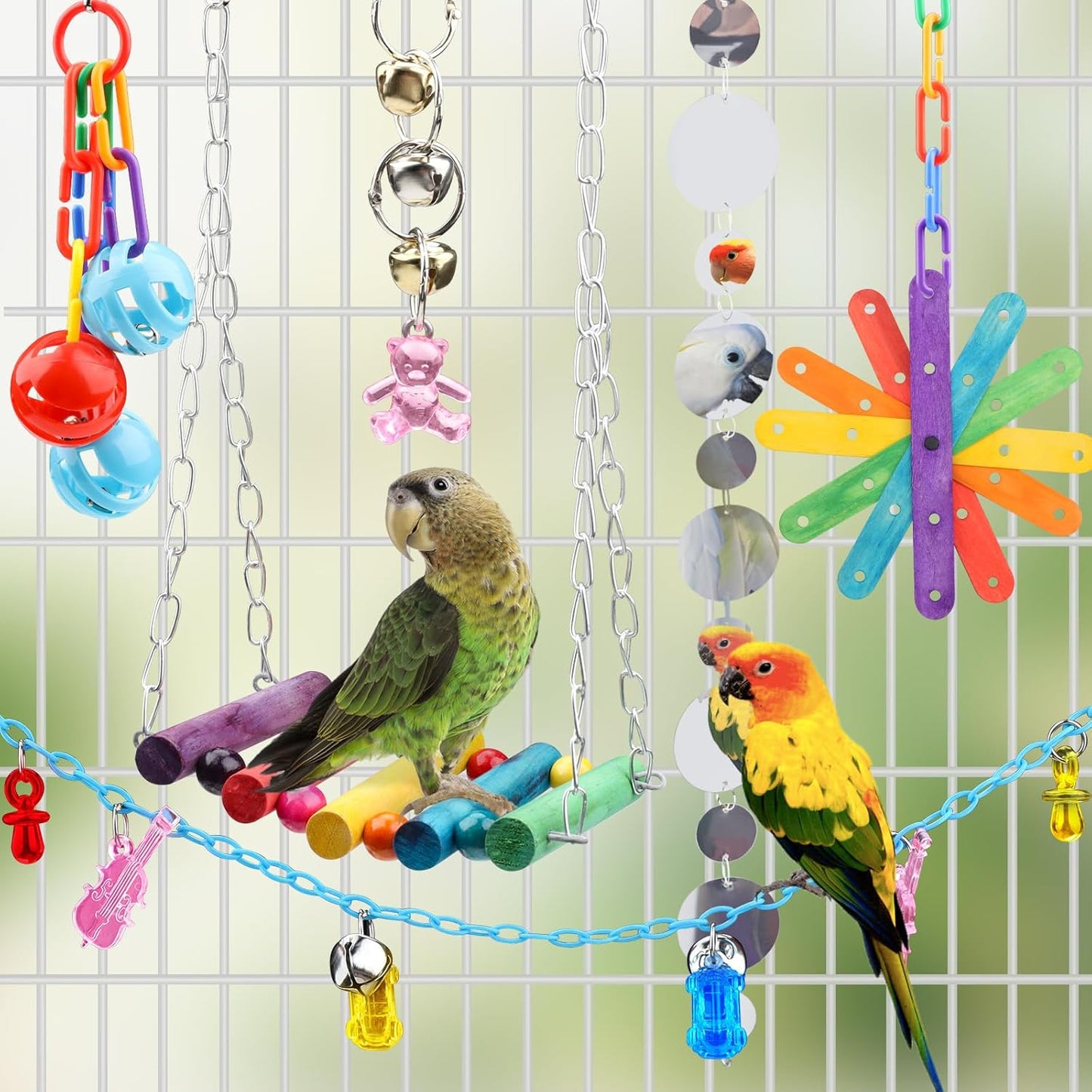 9 Pcs Parakeet Cockatiel Bird Toys, Parrots Cage Accessories Swing Rope Hanging Wooden Perch Chewing Toy for Budgerigar, Parrot, Cockatiel