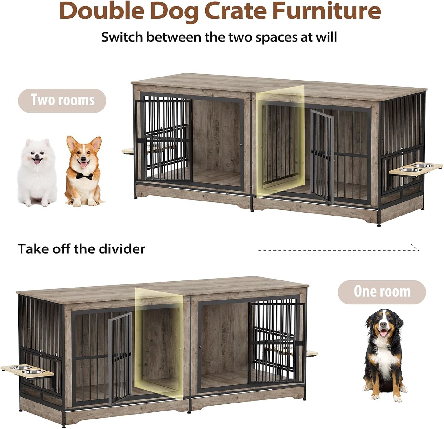 78 Double Dog Crate Furniture for 2 Large Dogs Indoor, Wooden Furniture Dog Crates with Dog Bowl, Dog Kennel Furniture TV Stand Large Breed Grey