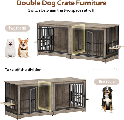 78 Double Dog Crate Furniture for 2 Large Dogs Indoor, Wooden Furniture Dog Crates with Dog Bowl, Dog Kennel Furniture TV Stand Large Breed Grey