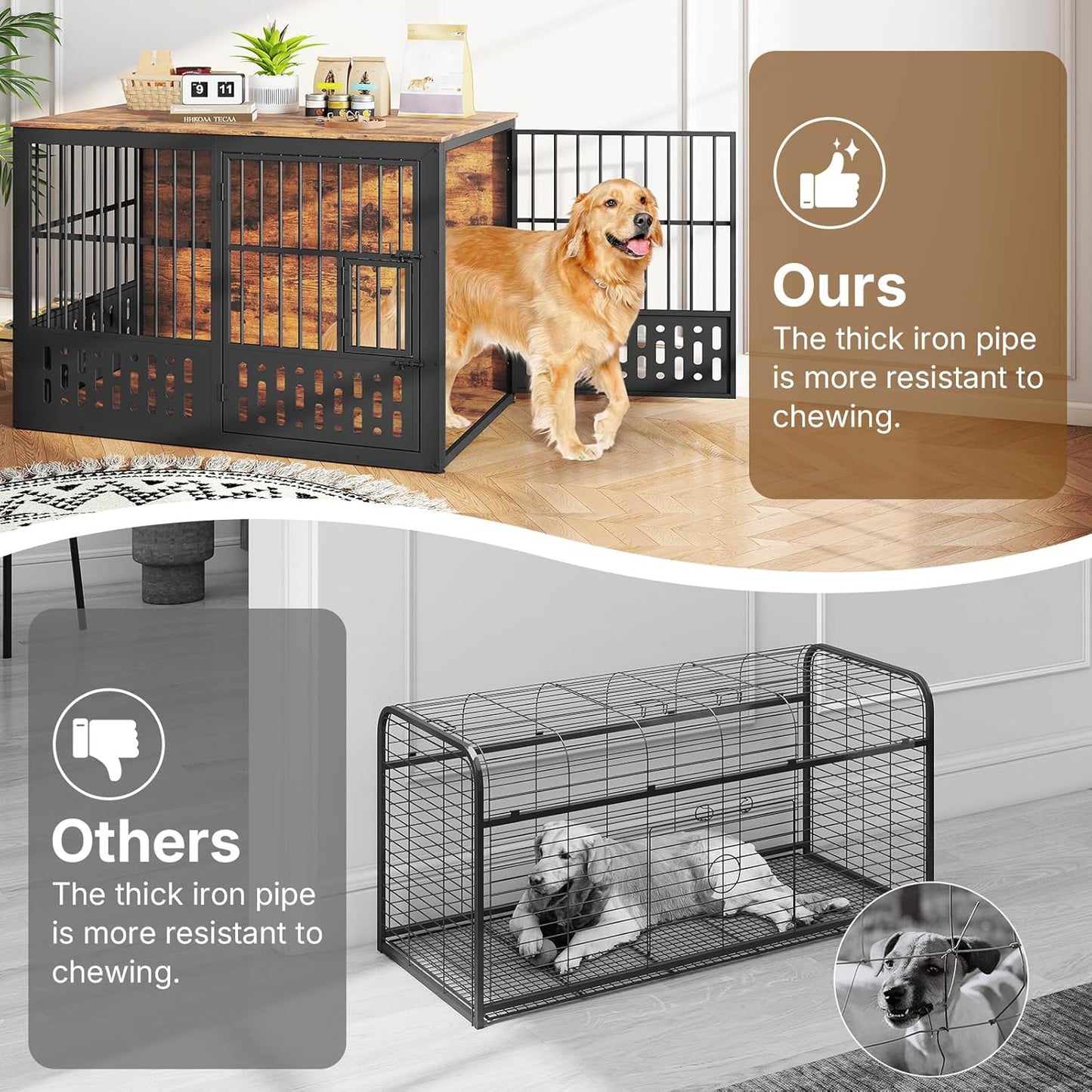 48 Inch Dog Crate Furniture, Wooden Dog Cage Furniture with Window and Adjustable Dogs Bowls 360° Rotatable, Heavy Duty XL Kennel Indoor as End Table, Brown