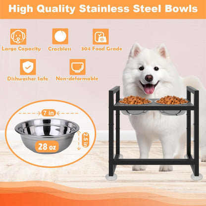 Elevated Dog Bowls Stand with 2 Stainless Steel Bowls, Black | for Large Medium Small Dogs, Adjustable Raised Dog Bowl with Non-Slip Plastic Sucker for Pet