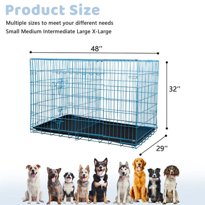 48 Inch Dog Crate, Dog Crates and Kennels Foldable Large Dog Crate for Large Dogs with Handle Double-Door Outdoor Metal Wire Dog Cage with Plastic Tray for Medium Dogs, Blue