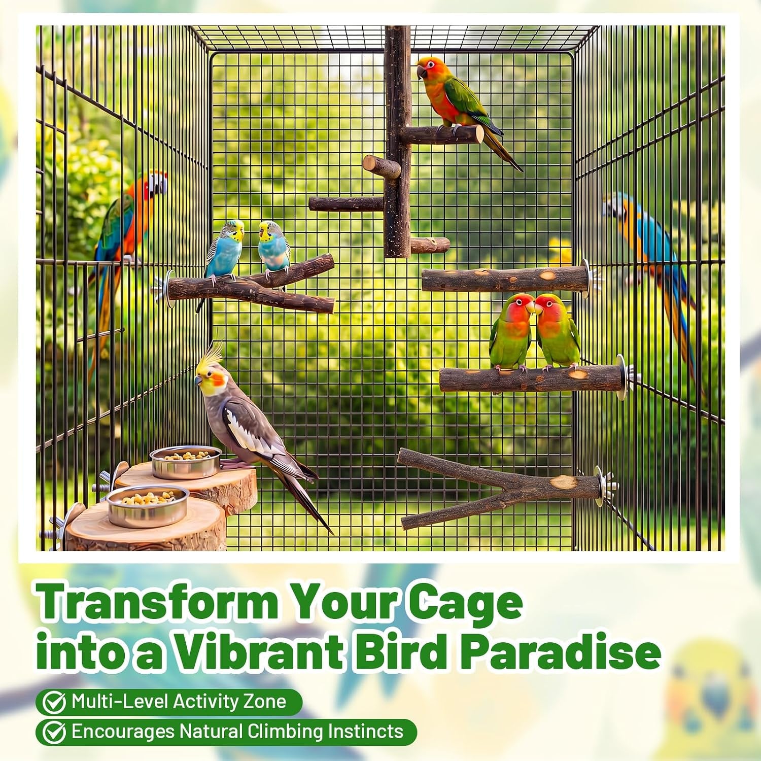 6 Pack Natural Wood Bird for Cage Perches Wooden Parrot Stand with Fork Toys Hanging Multi Branch Platform Hanging Grapevine Parrot Perch for Parakeets Budgies Pet Bird Accessories