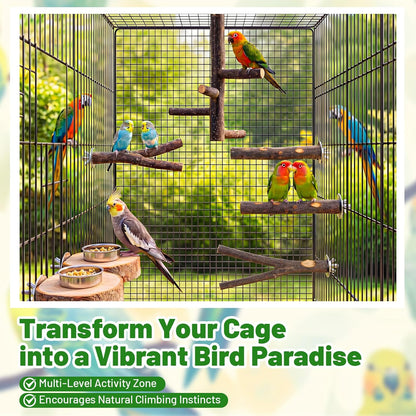 6 Pack Natural Wood Bird for Cage Perches Wooden Parrot Stand with Fork Toys Hanging Multi Branch Platform Hanging Grapevine Parrot Perch for Parakeets Budgies Pet Bird Accessories