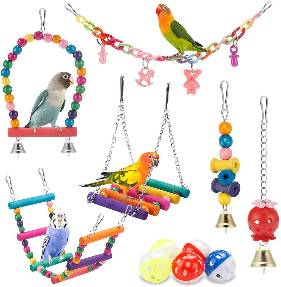Bird Parakeet Toys - Swing Hanging Standing Chewing Hammock Climbing Ladder Bird Cage Colorful Toys Suitable for Budgerigar, Parakeet, Conure, Cockatiel, Mynah, Love Birds, Finches