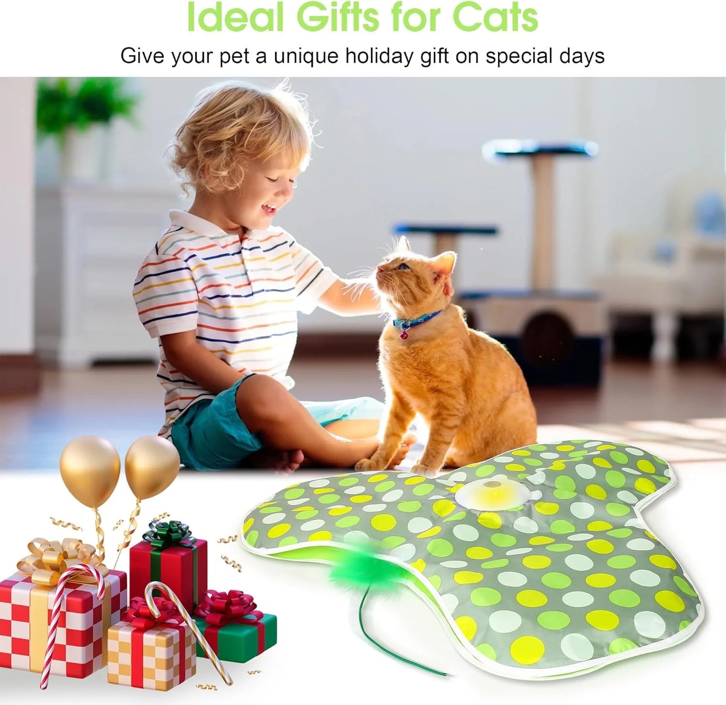 Interactive Cat Toy, Self-Employment, Electric Cat Toy, Intelligence Toy for Cats with Removable Feathers, Automatic Mouse Catching Game, Green