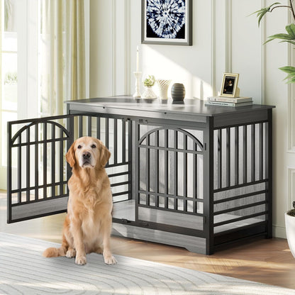 52" Dog Crate with Arched Doors, Grey | Extra-Large Kennel for XL Breeds, Double Elegant Arched Doors, TV Stand & End Table, Heavy-Duty Reinforced Frame