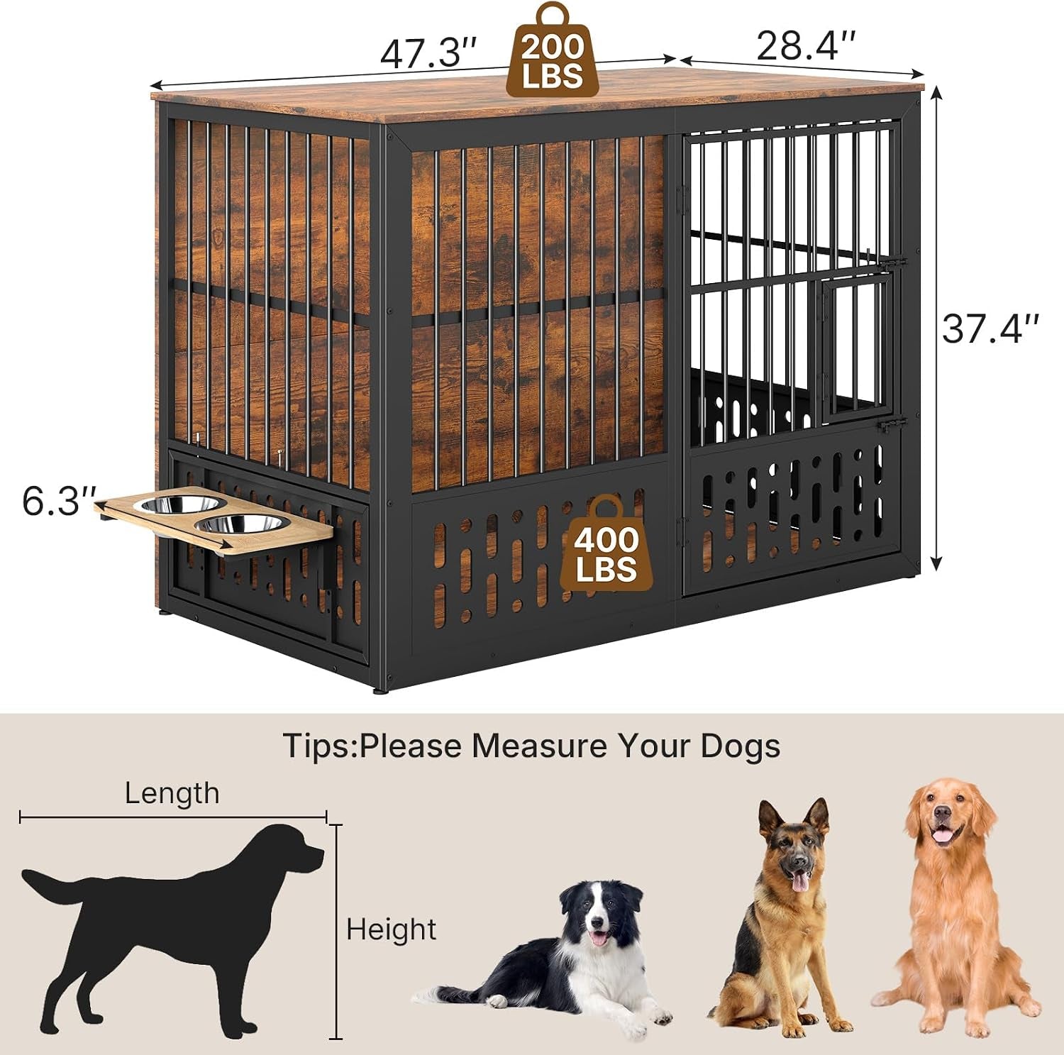 48 Inch Dog Crate Furniture, Wooden Dog Cage Furniture with Window and Adjustable Dogs Bowls 360° Rotatable, Heavy Duty XL Kennel Indoor as End Table, Brown
