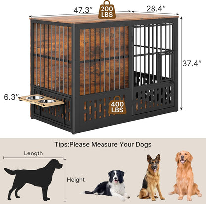 48 Inch Dog Crate Furniture, Wooden Dog Cage Furniture with Window and Adjustable Dogs Bowls 360° Rotatable, Heavy Duty XL Kennel Indoor as End Table, Brown
