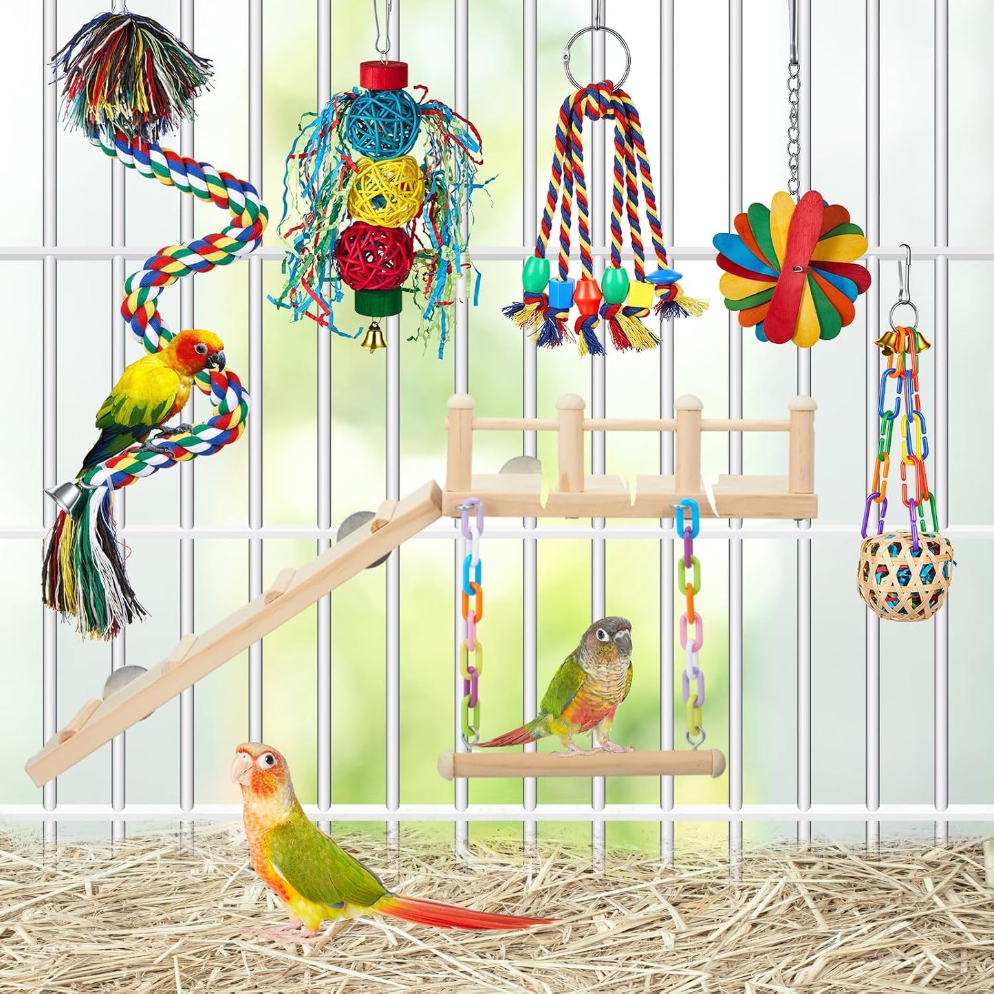 6 Pcs Parakeet Cockatiel Bird Toys,Interactive Style | Parrot Swing Chewing Hanging Toys, Colorful Parrots Cage Accessories, Chew & Climb Play Set, for Lovebirds, Finches, Budgies