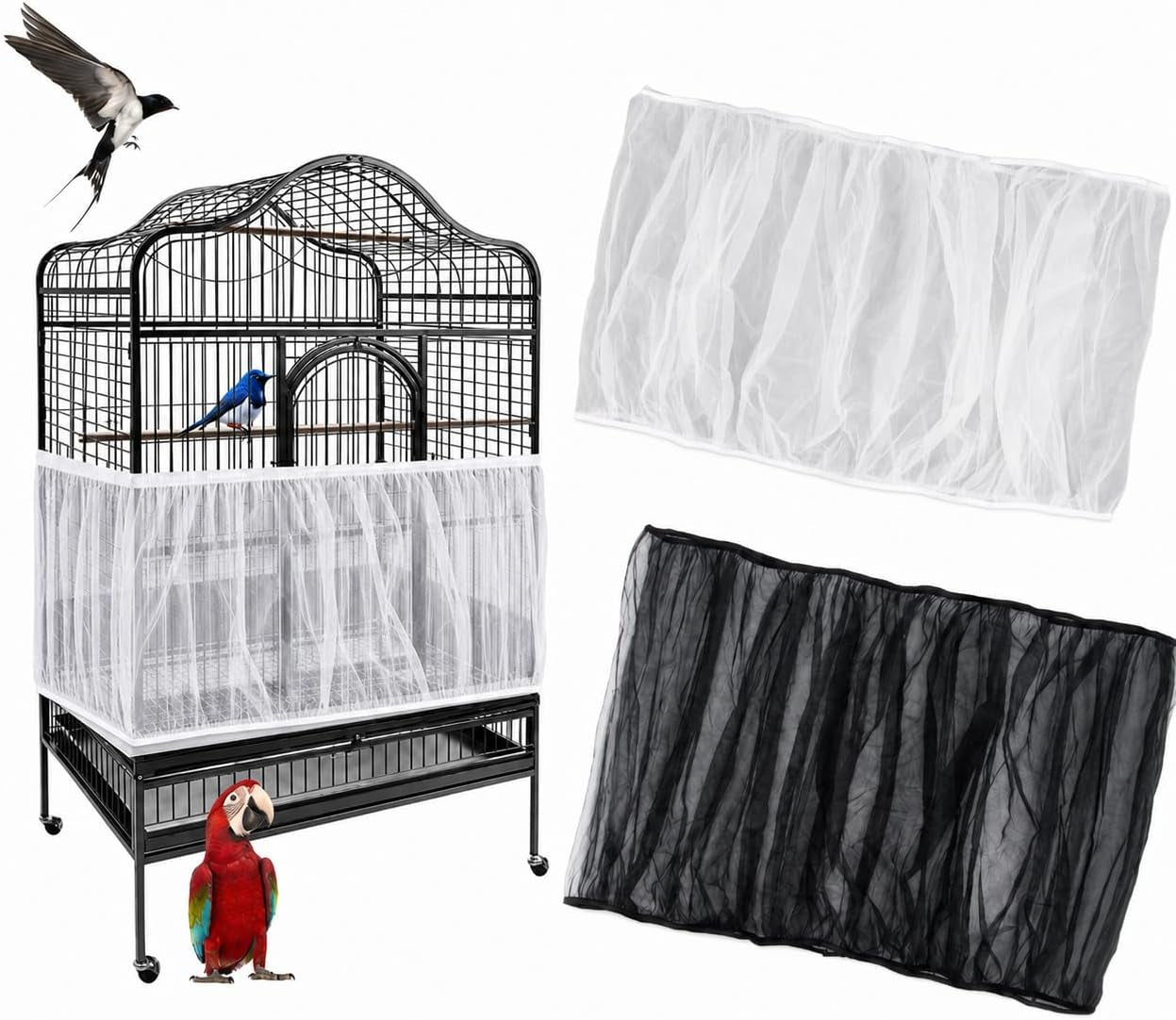 2 Pack Bird Cage Seed Catcher - Adjustable Bird Cage Skirt Cover with Breathable Mesh Netting, Universal Seed Catcher Net Cover Fit for Parrot Cage, Parakeet Cage, Large and Small Bird Cages | Black & White, Fits 55-100 in Circumference, 16 in High, Breathable Seed Guard for Parrot, Parakeet and Cockatiel Cages