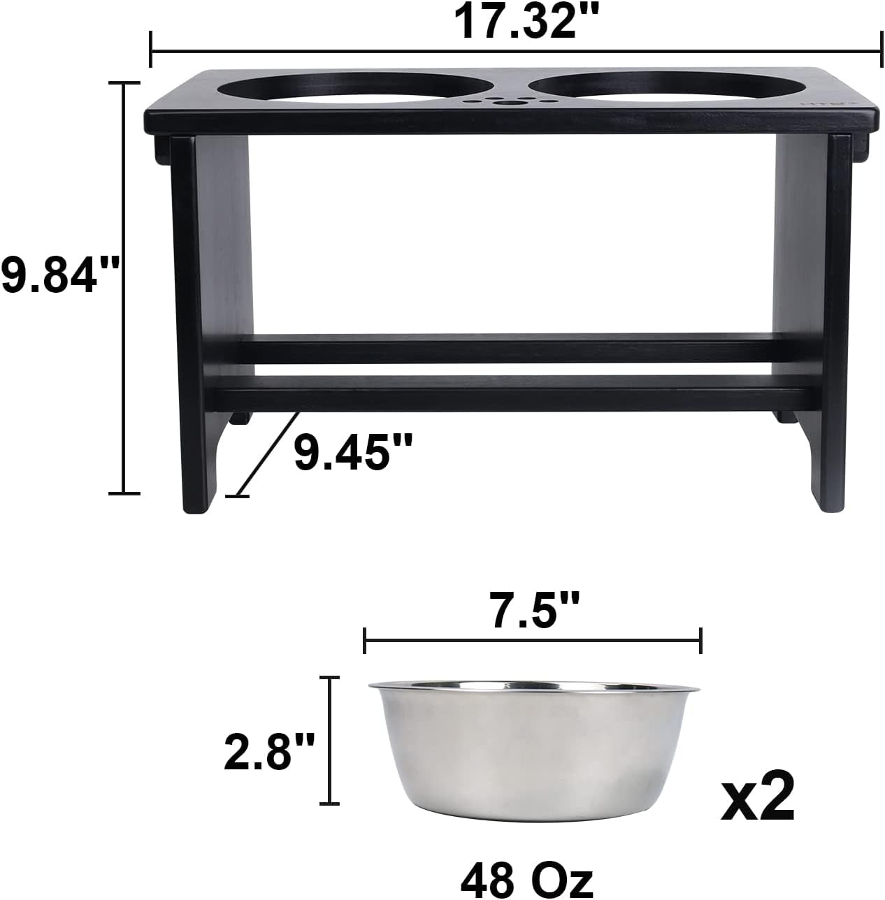 Elevated Dog Bowl Stand with 2 Stainless Steel Bowls-10 H Large Black | Raised Dog Bowl Stand, 10"Tall, 48 Oz Bowls, for Large Sized Dogs, Pet-Safe, Solid Bamboo