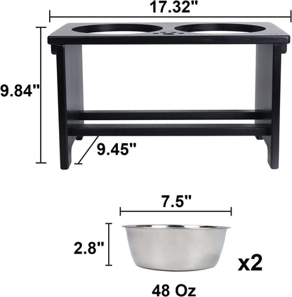 Elevated Dog Bowl Stand with 2 Stainless Steel Bowls-10 H Large Black | Raised Dog Bowl Stand, 10"Tall, 48 Oz Bowls, for Large Sized Dogs, Pet-Safe, Solid Bamboo
