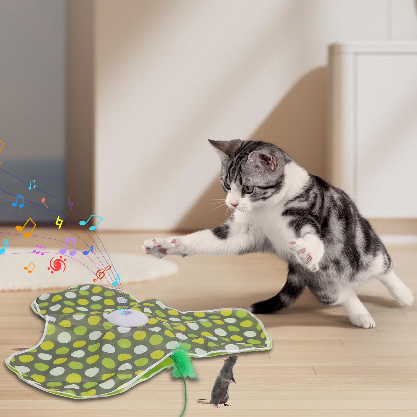 Interactive Cat Toy, Self-Employment, Electric Cat Toy, Intelligence Toy for Cats with Removable Feathers, Automatic Mouse Catching Game, Green