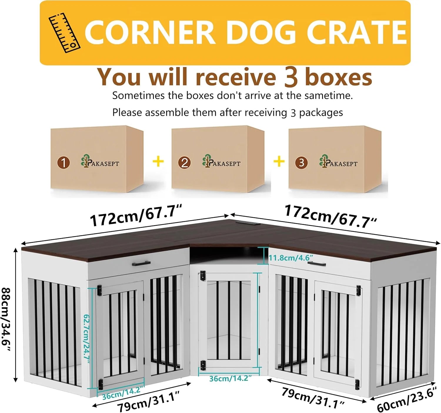 L-Shaped Corner Dog Crate Furniture Large Breed, 3 in 1 Corner Dog Crate Furniture, Wooden Dog Crate Kennel with 2Drawers,Divider,Power Outlet for Small,Medium,Large Dogs