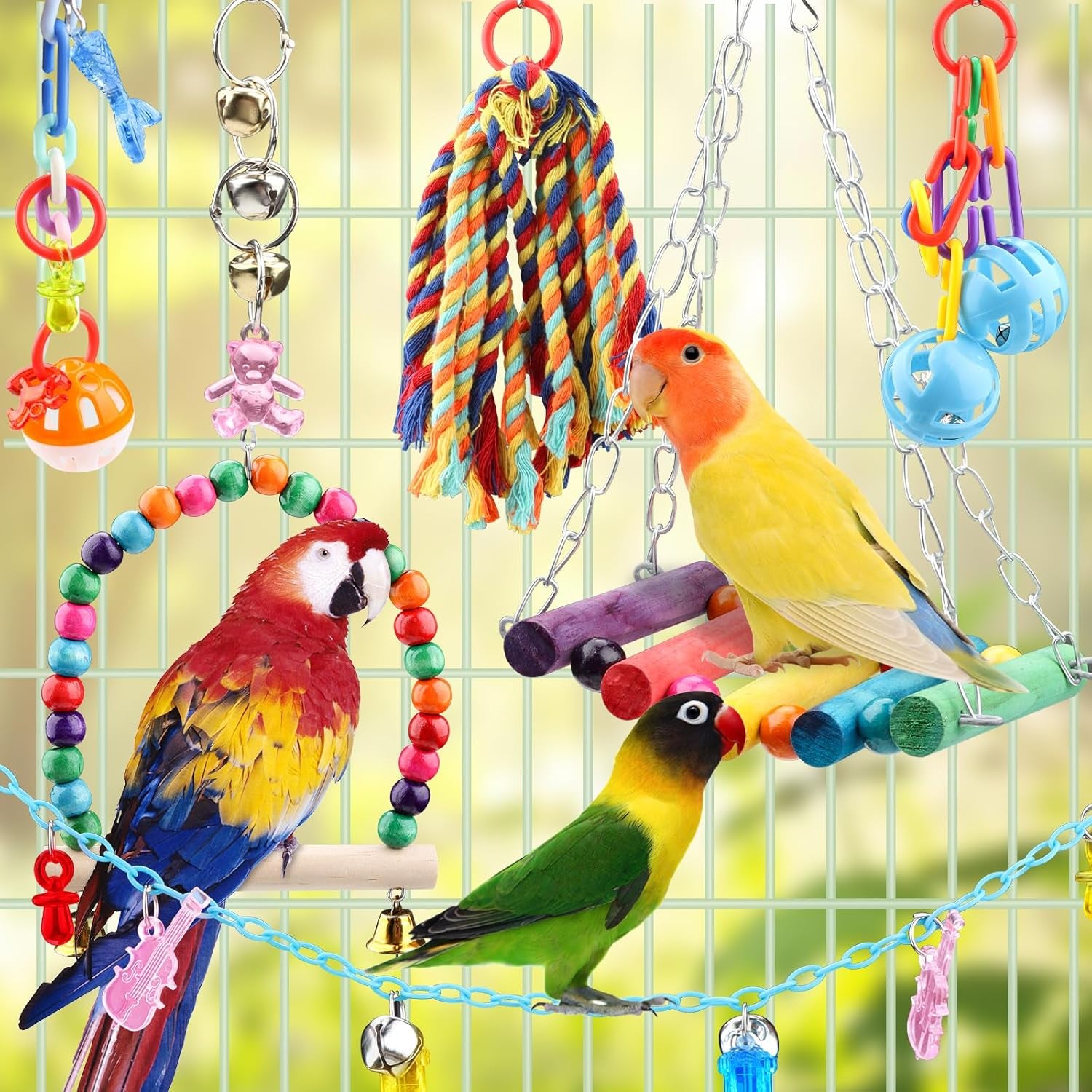 9 Pcs Parakeet Cockatiel Bird Toys, Parrots Cage Accessories Swing Rope Hanging Wooden Perch Chewing Toy for Budgerigar, Parrot, Cockatiel