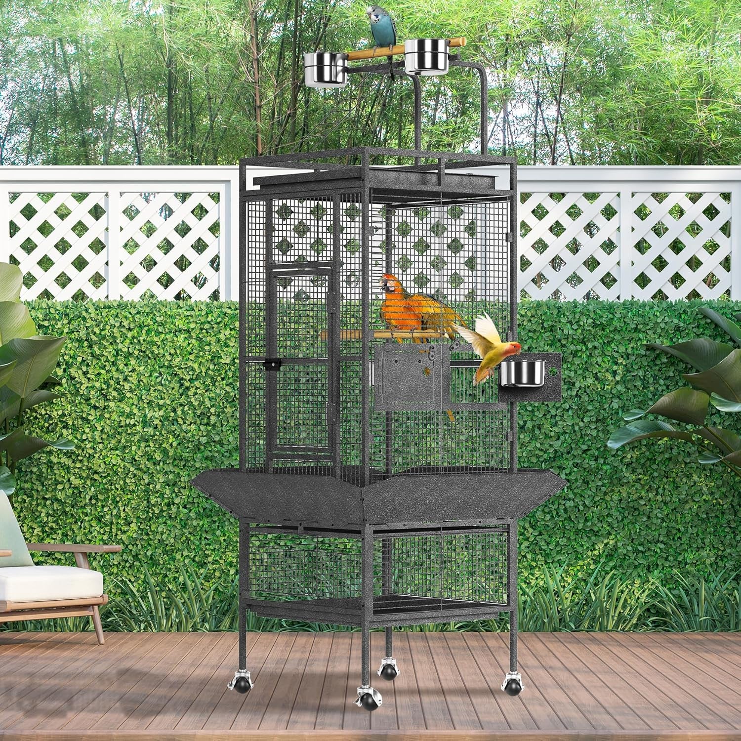 61In Large Bird Cage, Metal Bird Cage with Bird Playground, Rolling Parrot Cage with Feeding Accessories, Large Parakeet Cage for Parrots, Parakeets, Conures, Parrot, Black