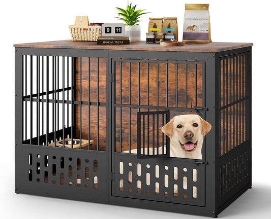 48 Inch Dog Crate Furniture, Wooden Dog Cage Furniture with Window and Adjustable Dogs Bowls 360° Rotatable, Heavy Duty XL Kennel Indoor as End Table, Brown