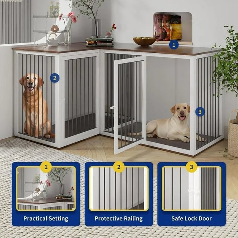 Large Dog Crate Furniture for 2 Dogs, 80.7" Large Dog Kennel Furniture with Dividers and Double Doors, All Steel Frame Double Dog Crate