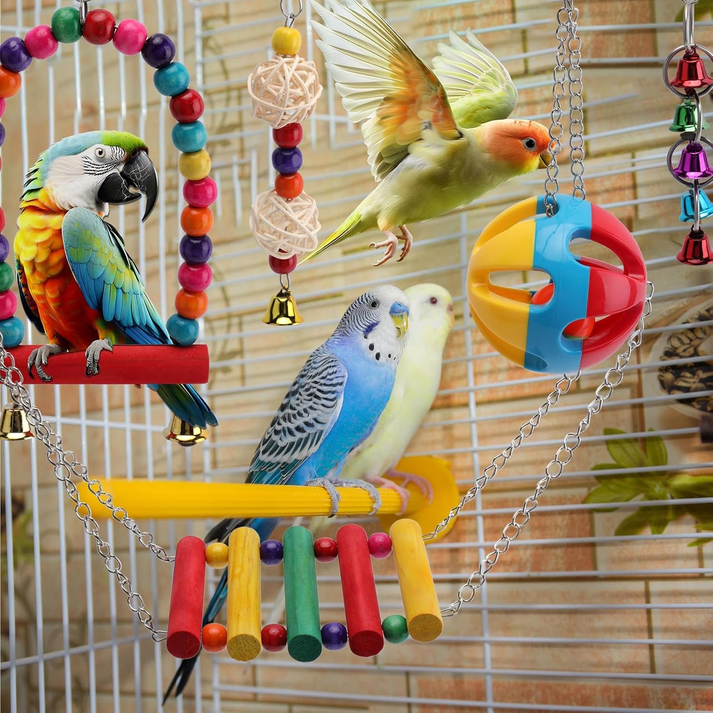 5 in 1 Bird Parakeet Toys, Detachable Birdie Perches Platform Swing with Climbing Ladder, Parrot Cage Stand Accessories, Wooden Playing Gyms for Conure Cockatiel Parrot, Bird Wooden Playground
