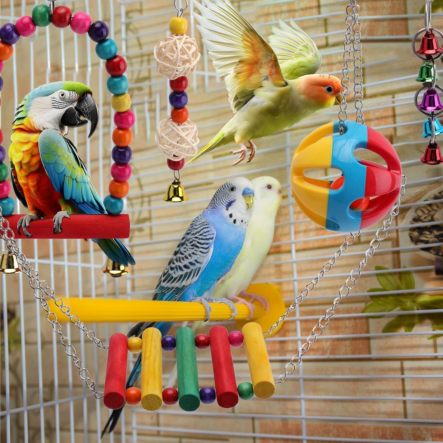 5 in 1 Bird Parakeet Toys, Detachable Birdie Perches Platform Swing with Climbing Ladder, Parrot Cage Stand Accessories, Wooden Playing Gyms for Conure Cockatiel Parrot, Bird Wooden Playground