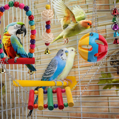 5 in 1 Bird Parakeet Toys, Detachable Birdie Perches Platform Swing with Climbing Ladder, Parrot Cage Stand Accessories, Wooden Playing Gyms for Conure Cockatiel Parrot, Bird Wooden Playground