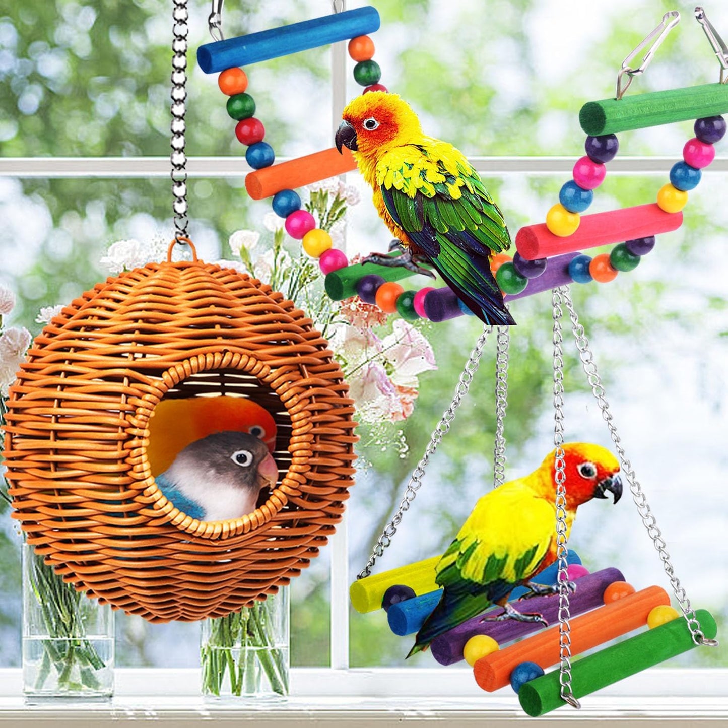 Chewproof Steel Frame Bird Nest for Cage, with 4 Swing Hanging Standing Chewing Toy Hammock Climbing Ladder,Washable Small Bird Bed Parakeet Nest Sleep for Parakeet Lovebird, Canary, Budgie, Finch