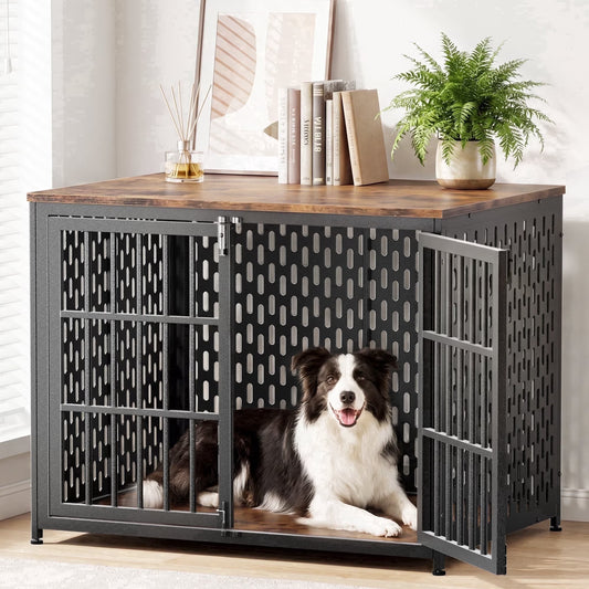 42" Dog Crate Furniture, Heavy-Duty Metal Dog House, Decorative Pet House That Doubles as an Indoor Side Table, Antique Black