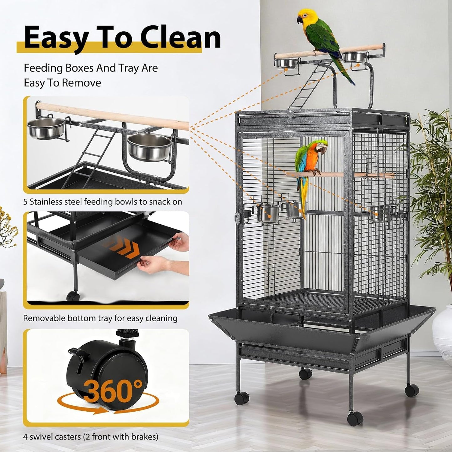 64.4” Large Parrot Cage for Birds, Heavy Duty Metal Aviary with Acrylic Door, Stainless Steel Bowls, 360° Wheels & Play Top for Cockatoos, African Greys (Black)