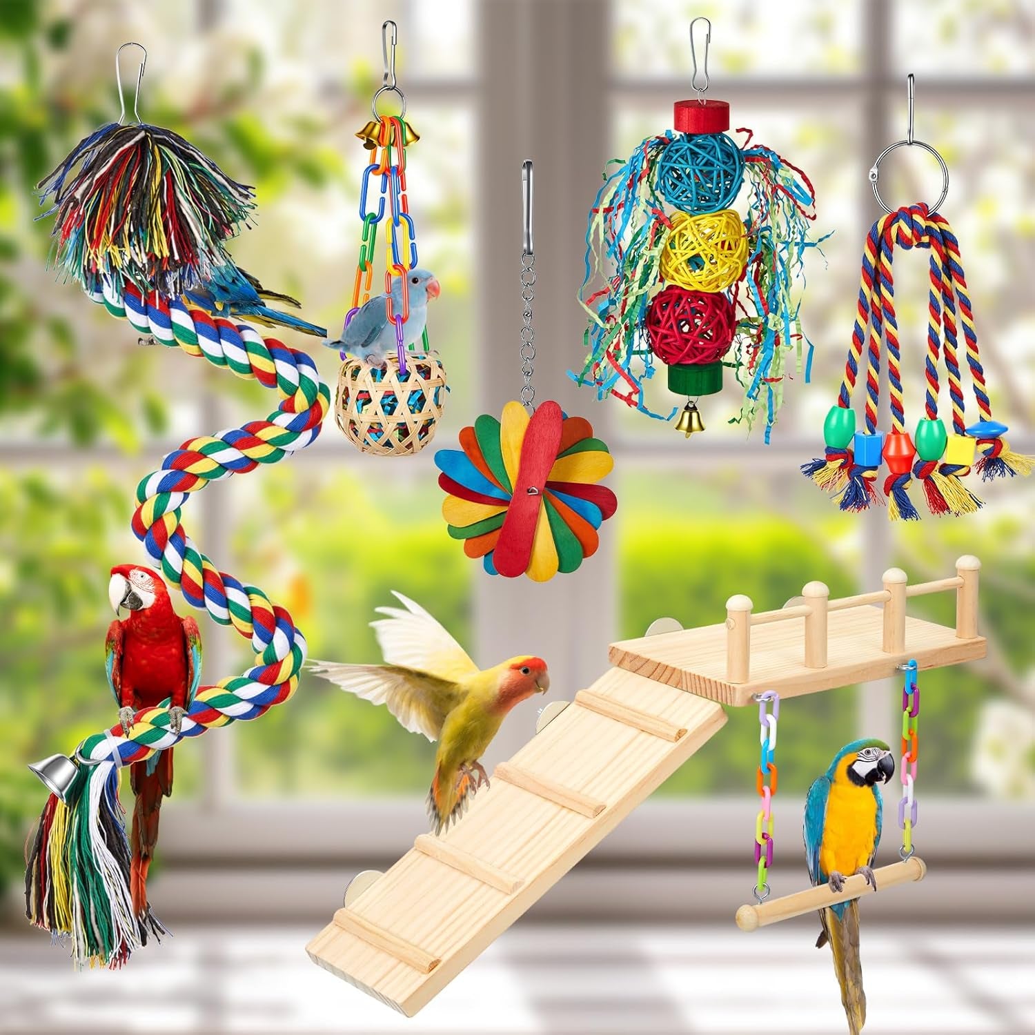 6 Pcs Parakeet Cockatiel Bird Toys,Interactive Style | Parrot Swing Chewing Hanging Toys, Colorful Parrots Cage Accessories, Chew & Climb Play Set, for Lovebirds, Finches, Budgies