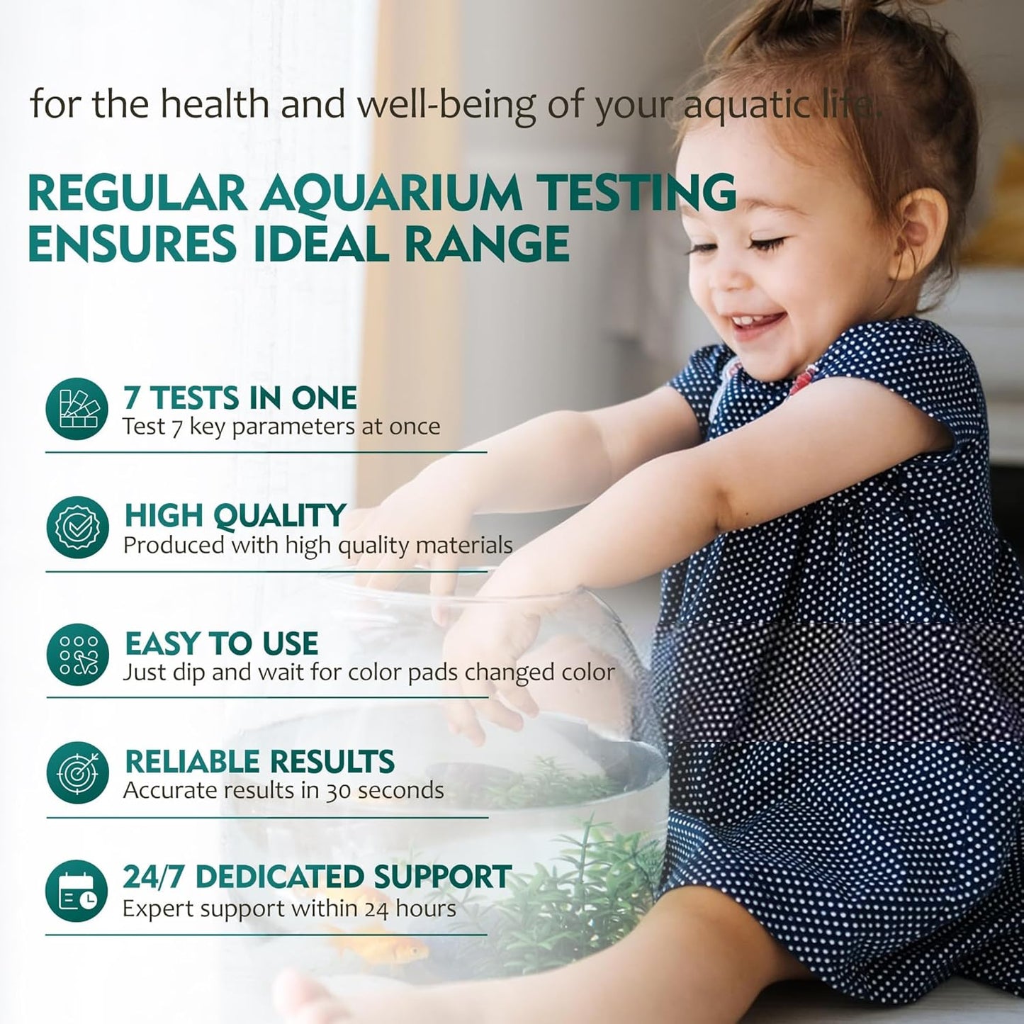 7 Way Aquarium Test Strips, 125 Strips for Fish Tank & Pond Test Kit | Freshwater Saltwater Water Testing Kit Aquarium for Chlorine, Total Hardness, Carbonate, Alkalinity, Nitrate, Nitrite and Ph