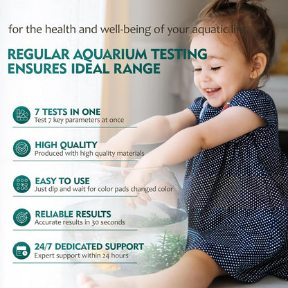 7 Way Aquarium Test Strips, 125 Strips for Fish Tank & Pond Test Kit | Freshwater Saltwater Water Testing Kit Aquarium for Chlorine, Total Hardness, Carbonate, Alkalinity, Nitrate, Nitrite and Ph