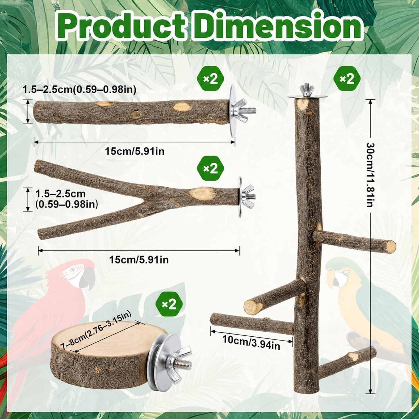6 Pack Natural Wood Bird for Cage Perches Wooden Parrot Stand with Fork Toys Hanging Multi Branch Platform Hanging Grapevine Parrot Perch for Parakeets Budgies Pet Bird Accessories