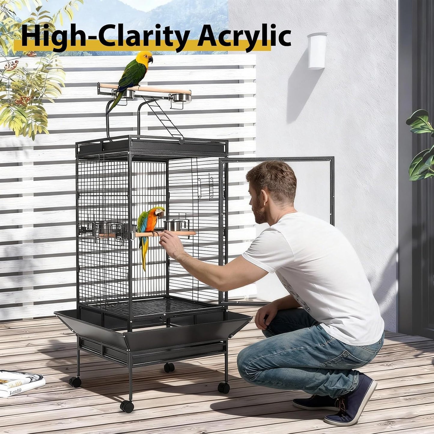 64.4” Large Parrot Cage for Birds, Heavy Duty Metal Aviary with Acrylic Door, Stainless Steel Bowls, 360° Wheels & Play Top for Cockatoos, African Greys (Black)