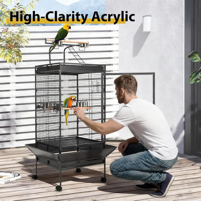 64.4” Large Parrot Cage for Birds, Heavy Duty Metal Aviary with Acrylic Door, Stainless Steel Bowls, 360° Wheels & Play Top for Cockatoos, African Greys (Black)