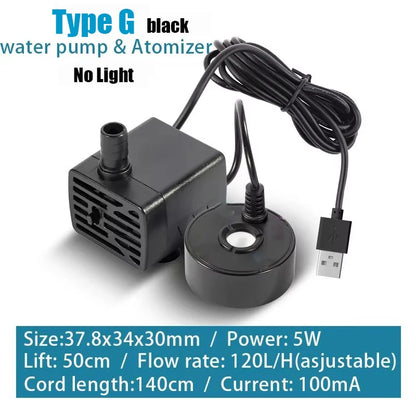 2-IN-1 USB 5V Water Pump Ultrasonic Atomizer Mist Maker Fogger for Pond Garden Rockery Fountain Fish Tank Landscaping Humidifier