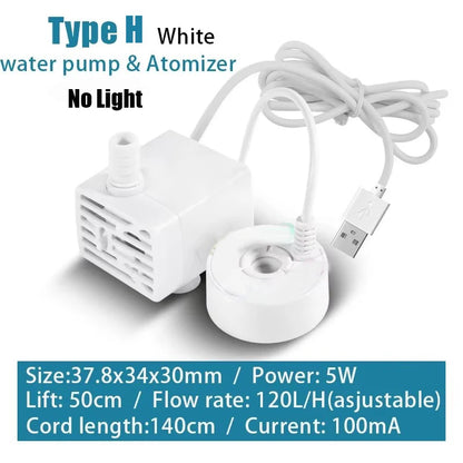 2-IN-1 USB 5V Water Pump Ultrasonic Atomizer Mist Maker Fogger for Pond Garden Rockery Fountain Fish Tank Landscaping Humidifier