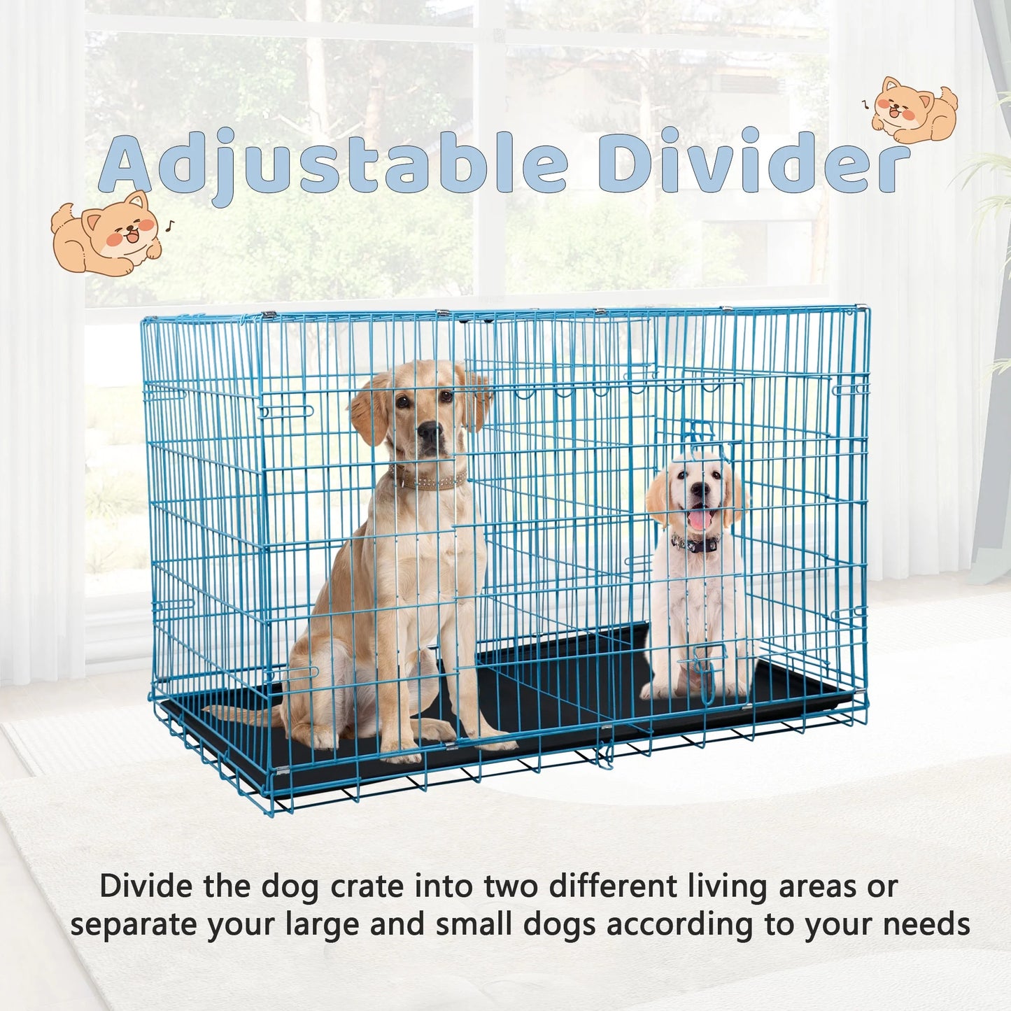 48 Inch Dog Crate, Dog Crates and Kennels Foldable Large Dog Crate for Large Dogs with Handle Double-Door Outdoor Metal Wire Dog Cage with Plastic Tray for Medium Dogs, Blue
