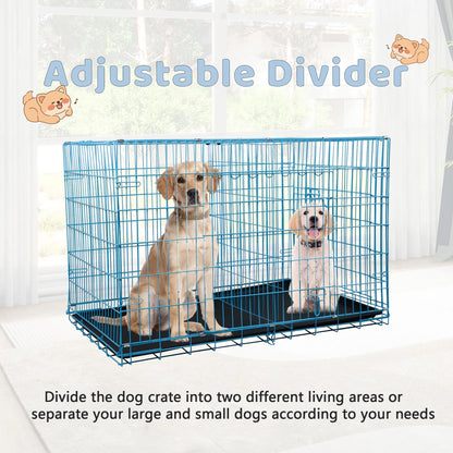 48 Inch Dog Crate, Dog Crates and Kennels Foldable Large Dog Crate for Large Dogs with Handle Double-Door Outdoor Metal Wire Dog Cage with Plastic Tray for Medium Dogs, Blue