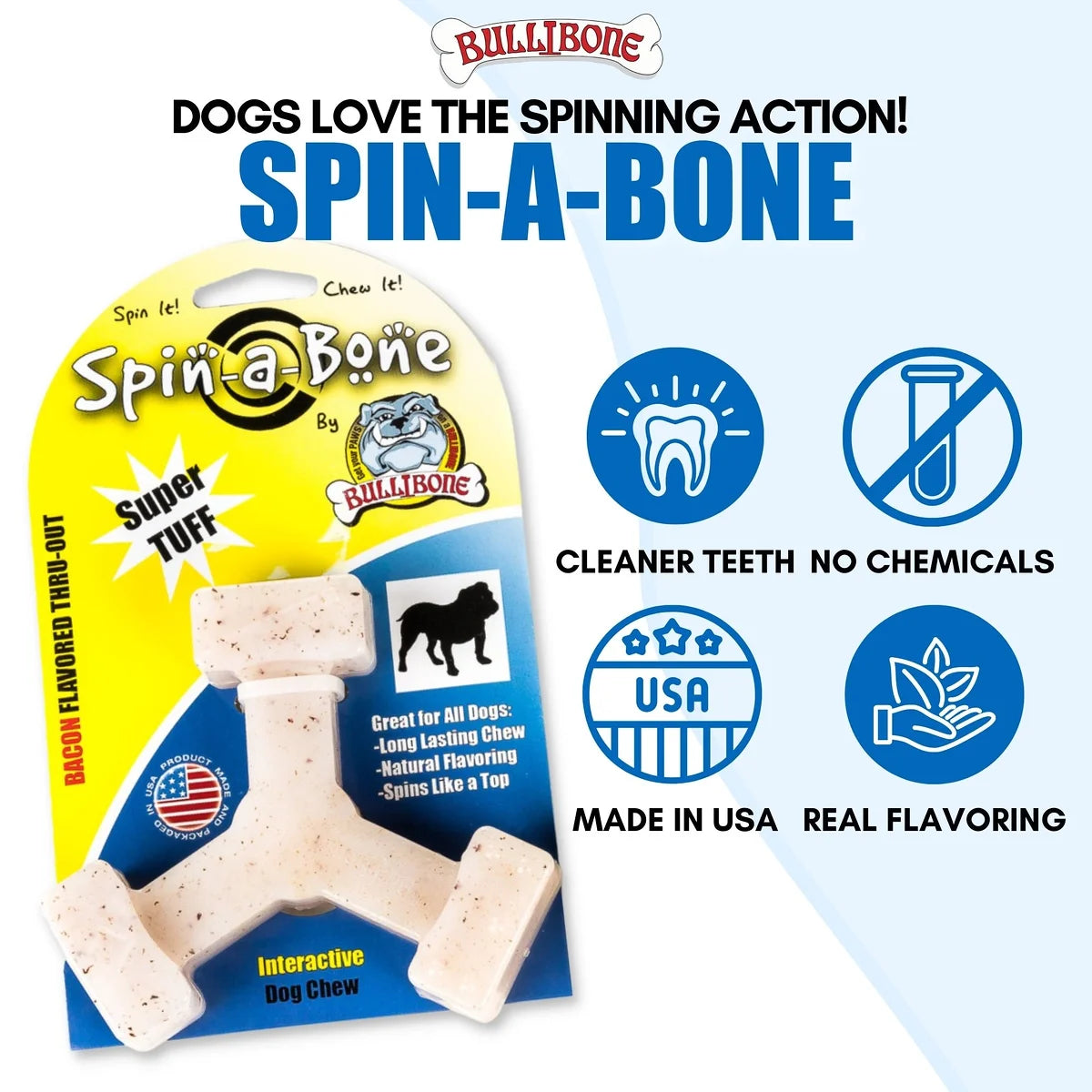 Spin-A-Bone Dog Chew Toy for Dental Health with Bacon Flavor