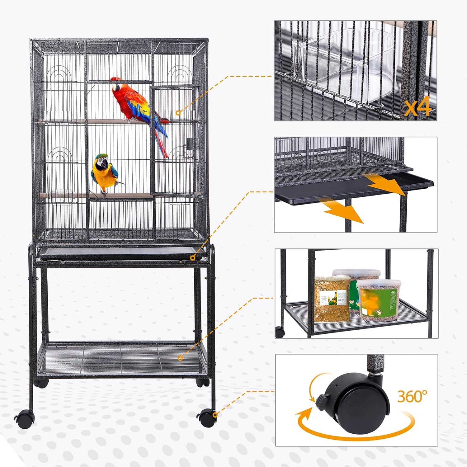 53 Inch Wrought Iron Large Bird Flight Cage with Rolling Stand | Bird Flight Cage Casters, Slide-Out Tray for African Grey Parrot Parakeets Canaries Parrot Cockatiels Lovebirds Conures