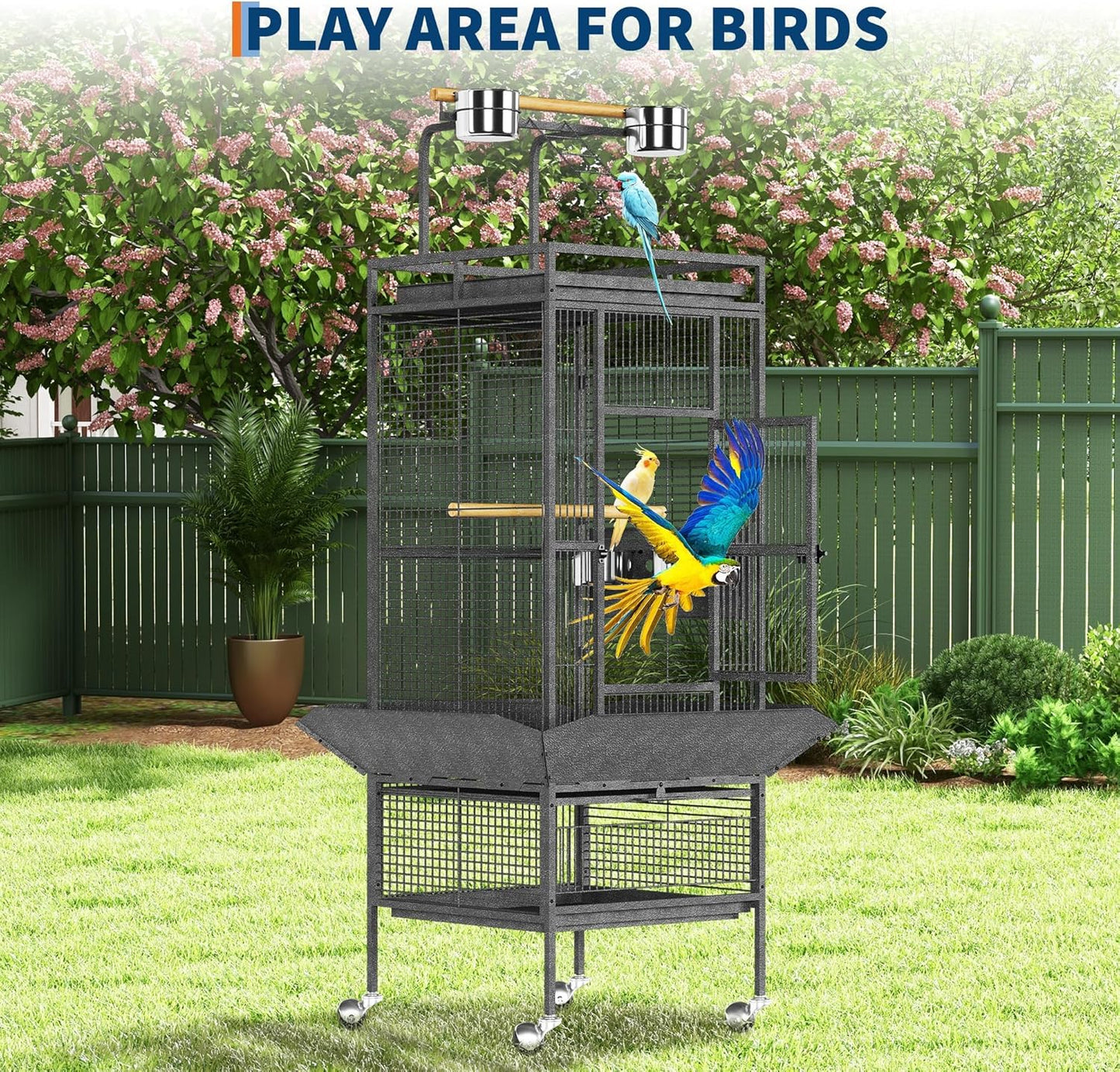 61In Large Bird Cage, Metal Bird Cage with Bird Playground, Rolling Parrot Cage with Feeding Accessories, Large Parakeet Cage for Parrots, Parakeets, Conures, Parrot, Black