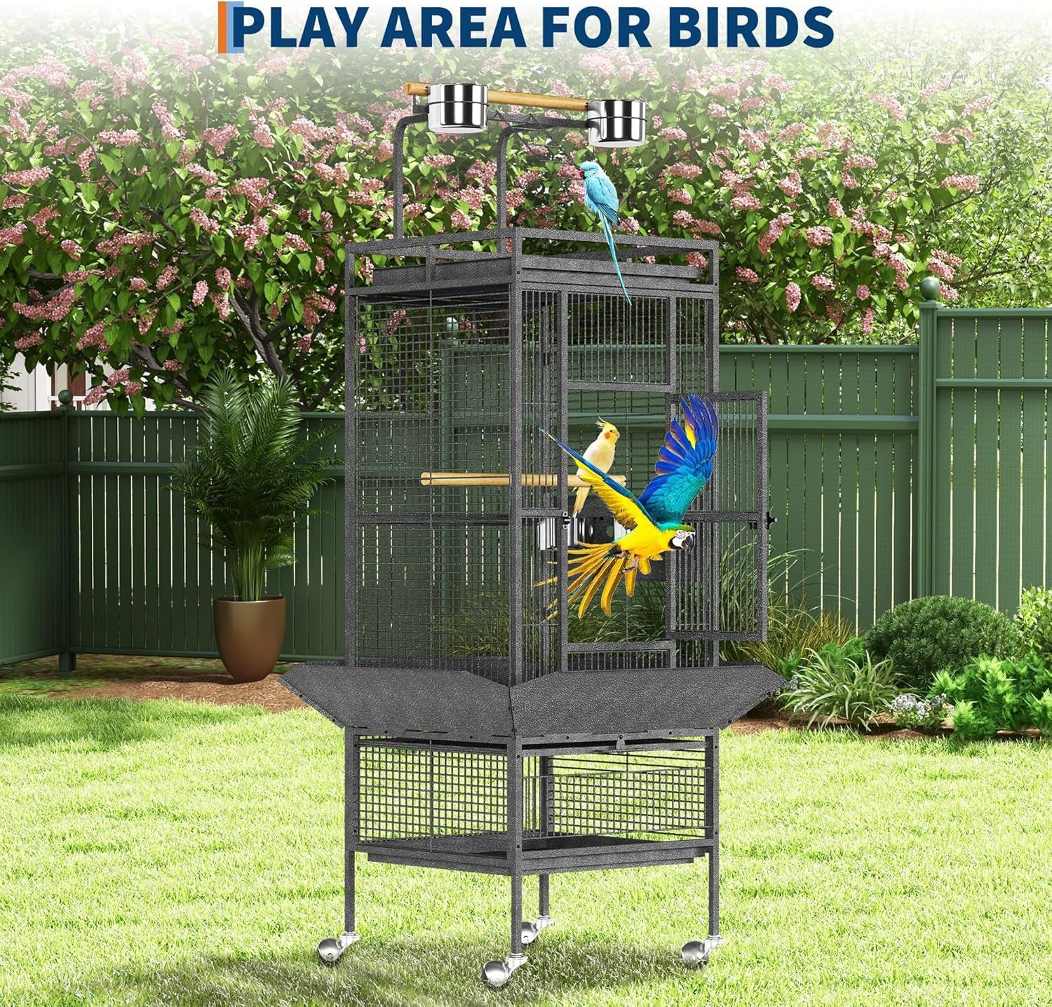 61In Large Bird Cage, Metal Bird Cage with Bird Playground, Rolling Parrot Cage with Feeding Accessories, Large Parakeet Cage for Parrots, Parakeets, Conures, Parrot, Black
