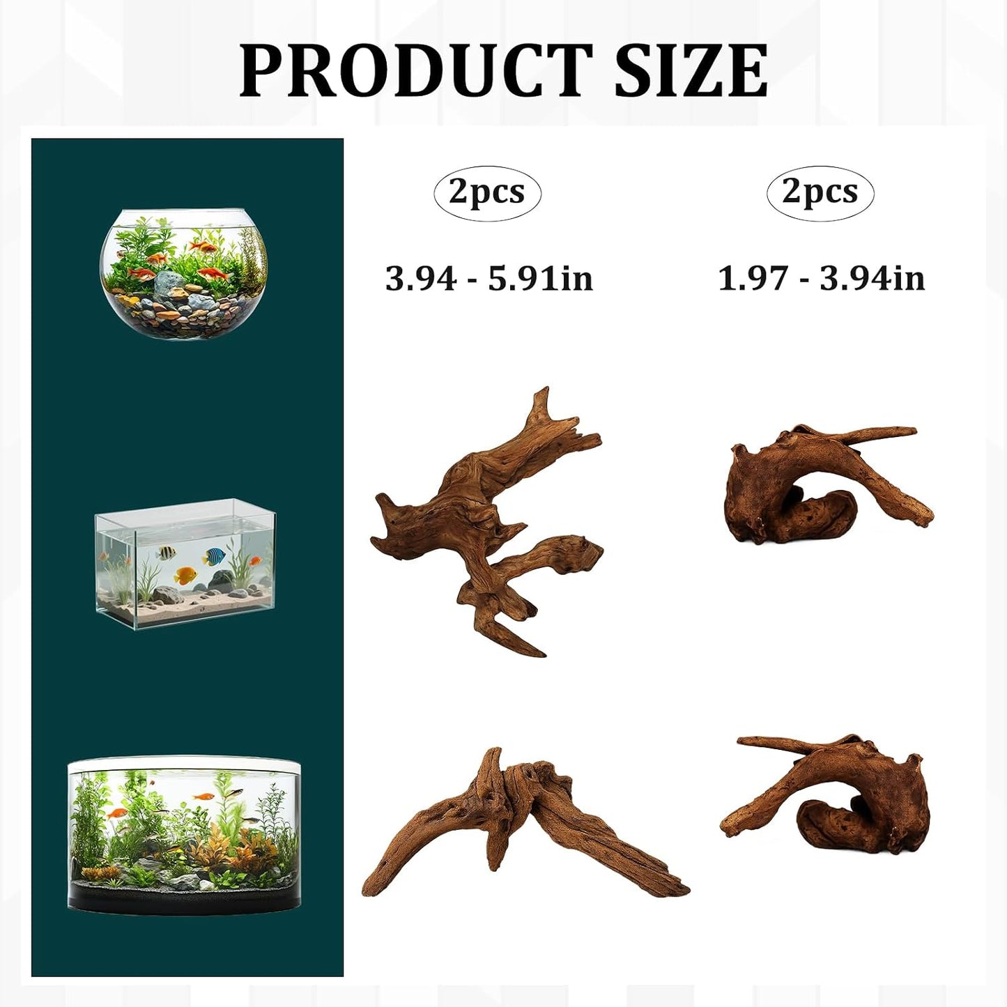 4PCS Driftwood for Aquarium, 1.96''-5.91'' Aquarium Driftwood, Fish Tank Driftwood, Ideal for Fish Tanks, Freshwater Aquariums, Terrariums（Random Style）