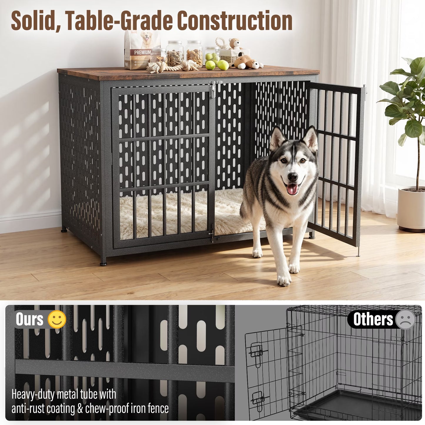 42" Dog Crate Furniture, Heavy-Duty Metal Dog House, Decorative Pet House That Doubles as an Indoor Side Table, Antique Black